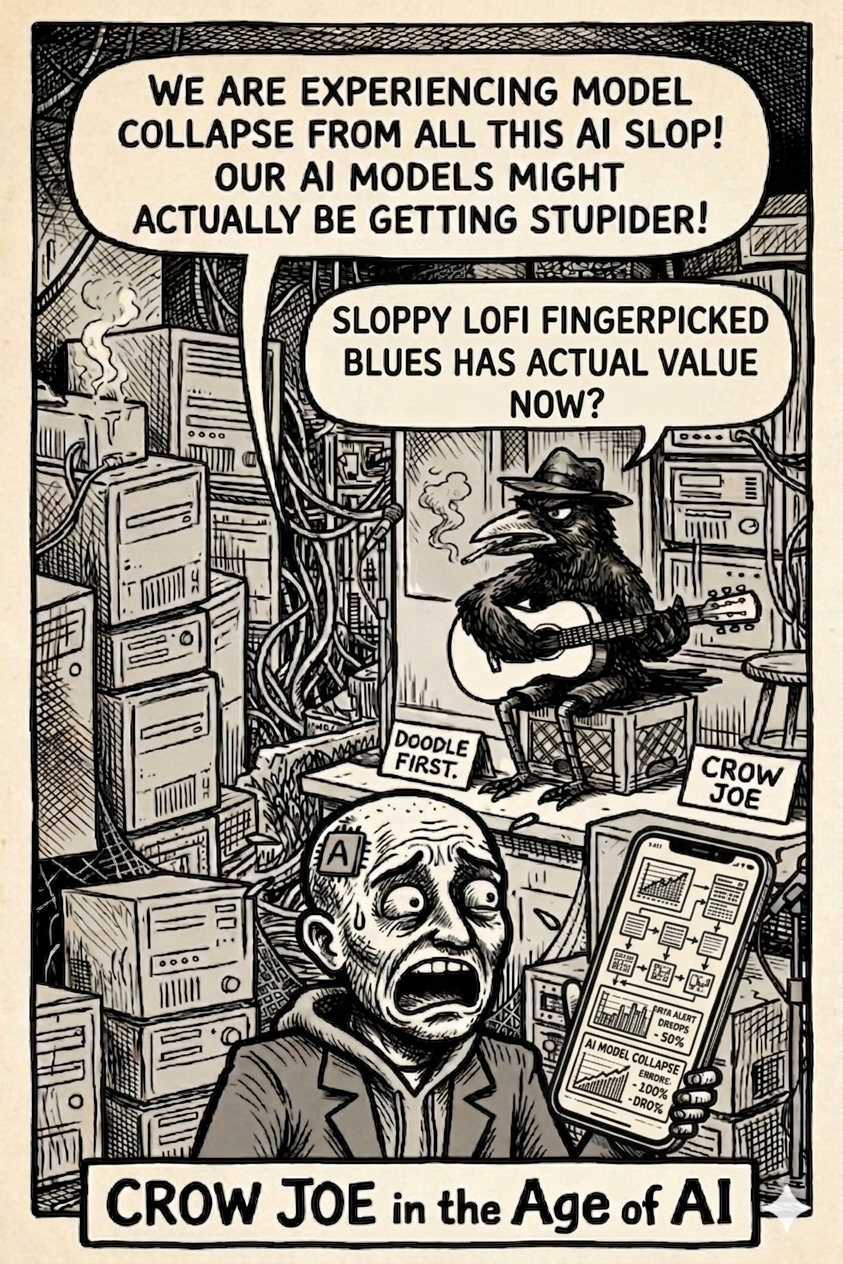 Crow Joe in the Age of AI comic - The Transhumanist, techbro technocrat with business suit over hoodie and visible brain chip, Panics because ai slop is causing model collapse. Crow Joe the blues playing crow responds 'sloppy lofi fingerpicked blues has actual value now?' the background is a malfunctioning server room.  as ai slop overtakes the internet models may indeed become stupider.  The joke is authentic and imperfect human art, like what was before termed 'sloppy' fingerpicked blues guitar, might become what is truly valued in the age of ai